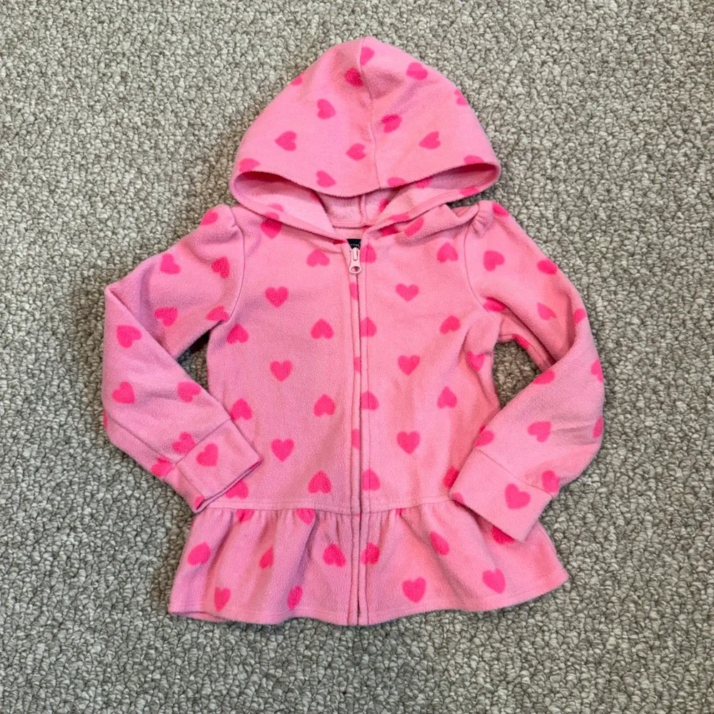 The Childrens Place Girls Pink Heart Fleece Peplum Zip Up Hoodie Jacket Size 4T